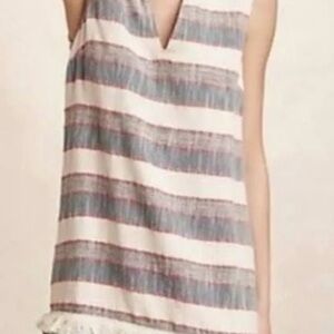 Anthropologie Striped V-Neck Sleeveless Shift Dress in White and Blue-Grey